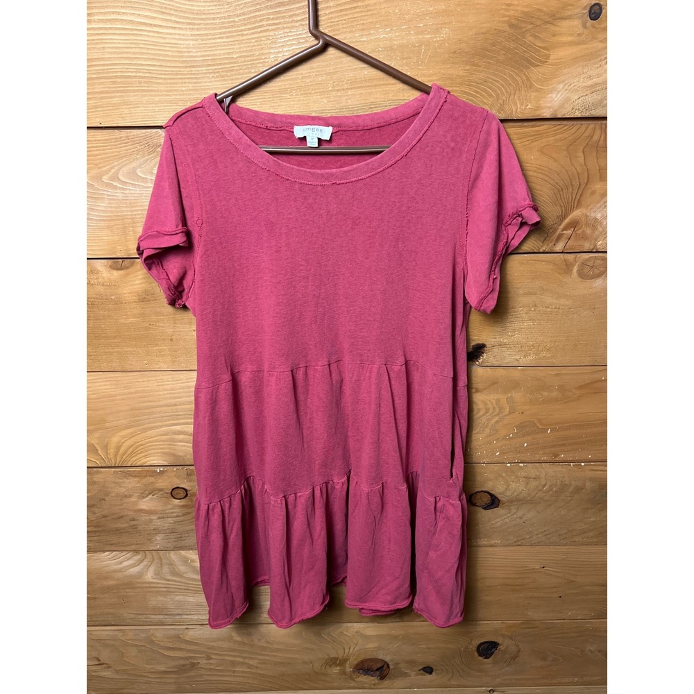 Umgee USA Tiered Ruffle Hem Tunic Top Shirt Dress Rose Pink Med Cotton Boho slit